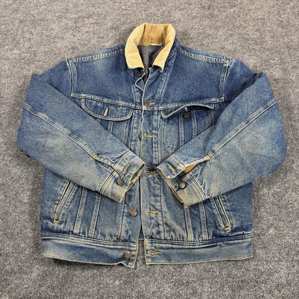Vintage Lee Jacket Mens 46 Blue Denim Corduroy Collar Wool Lined Bomber Workwear